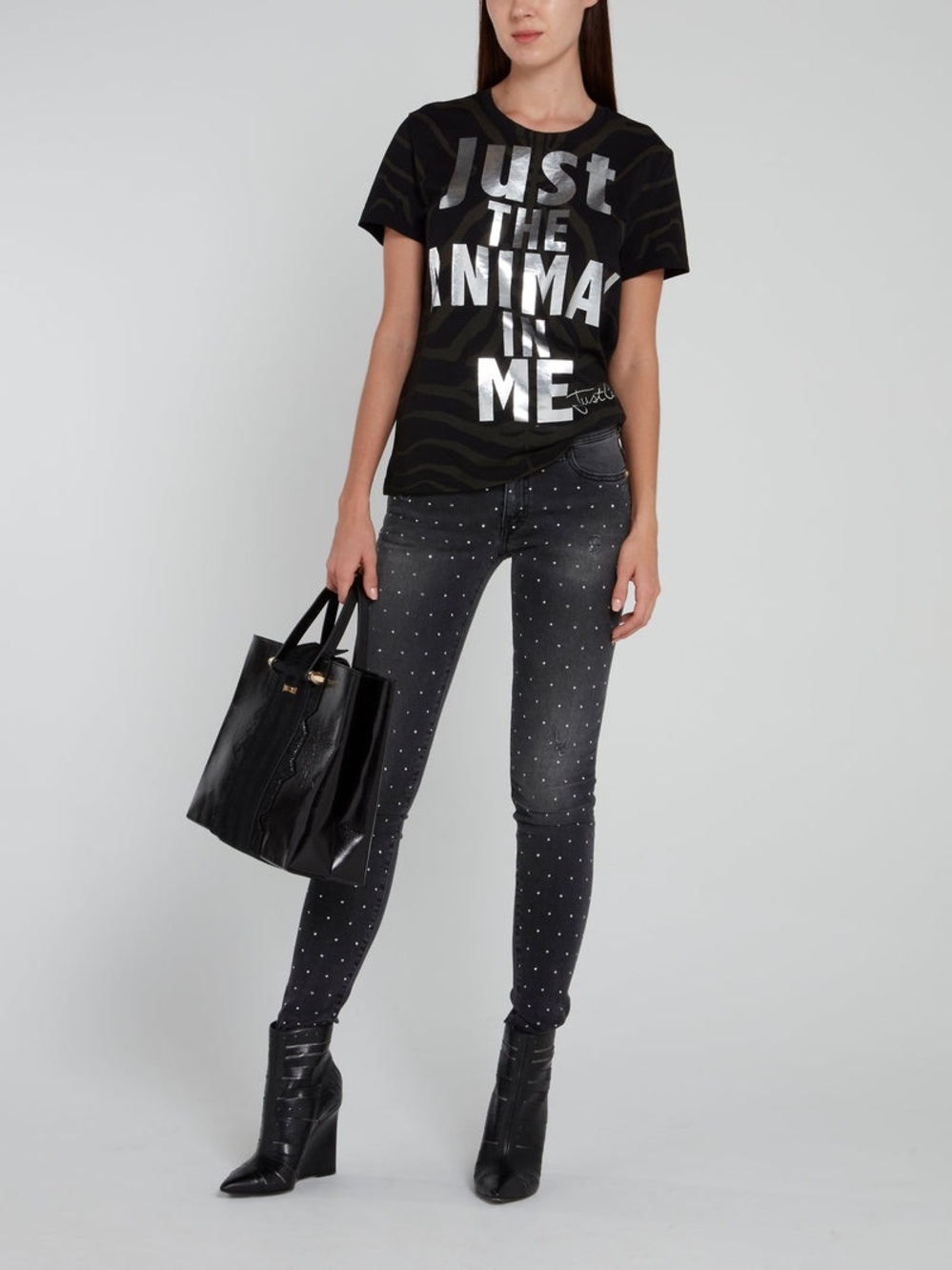 New! Just Cavalli Black Studded Polka Dot Jeans Slightly Distressed Denim 🖤 25